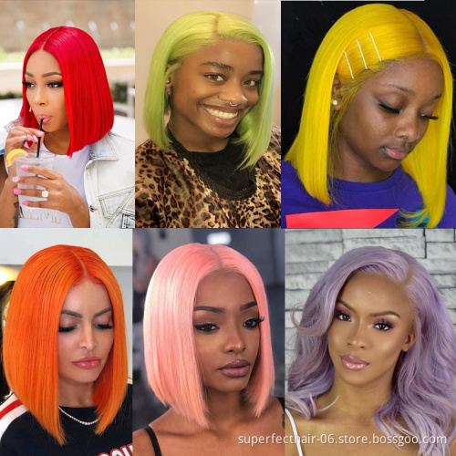 Wholesale 13X4 Bob Lace Front Wig Human Hair 150% Brazilian Remy Orange Blonde Pink  Blue Green Grey Colored Short Bob